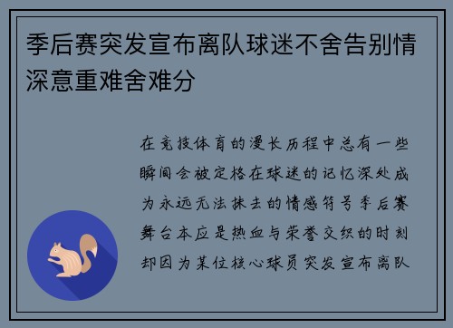 季后赛突发宣布离队球迷不舍告别情深意重难舍难分
